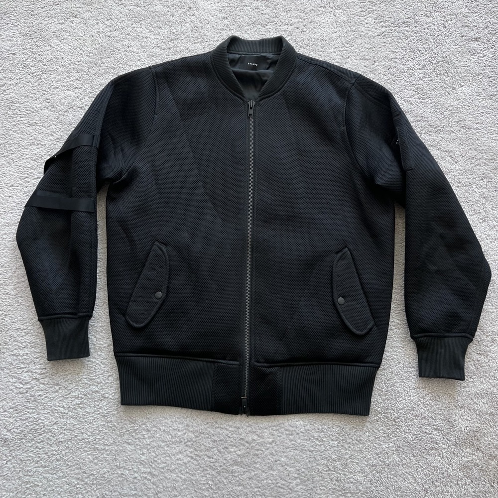 STAMPD Bomber Jacket Mens 2XL Black Mesh Knit Full Zip Lined Pockets Polyester